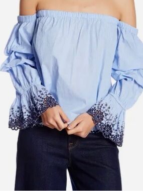 Zara 100% Cotton- Blue Pinstripe Off-Shoulder Embroidered Puff Sleeve Top XS
